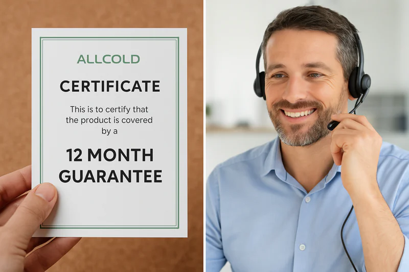A photo collage showing the ALLCOLD 12-month guarantee certificate and an engineer providing friendly phone support to a customer.