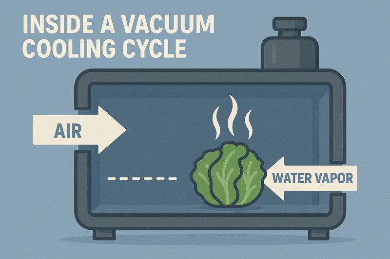 A cutaway animation of a vacuum cooling chamber showing air being removed and water vapor flowing out of the produce.