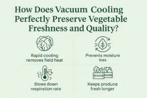 Vacuum cooling process preserving vegetable freshness and quality, showing crisp green produce like lettuce and broccoli with icons of rapid cooling, moisture retention, slowed respiration, and extended shelf life.
