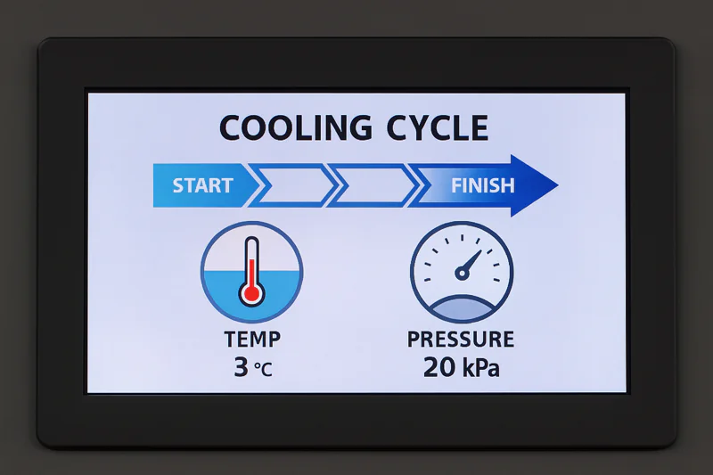 A simple animation on a touch screen showing a cooling cycle progressing from start to finish with temperature and pressure gauges.