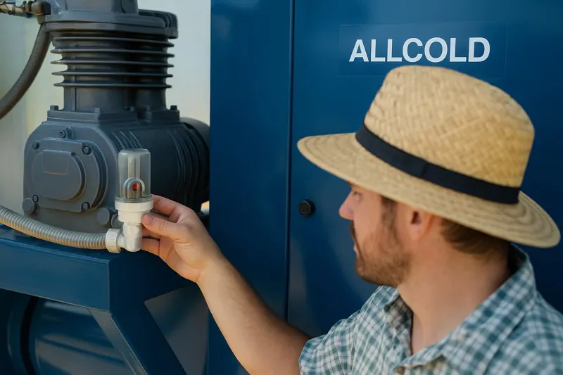 A farm worker easily performing a visual check on the vacuum pump oil, demonstrating the simple maintenance design of an ALLCOLD machine.