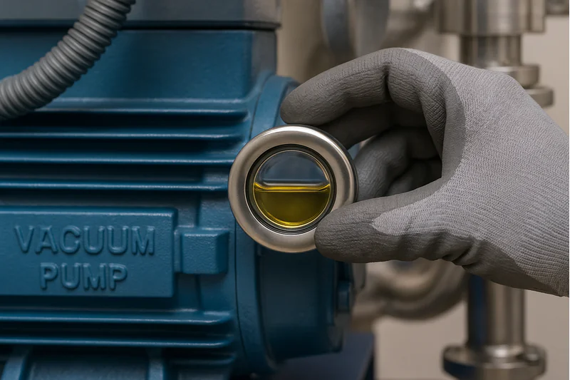 A technician wearing gloves checking the clear oil-level sight glass on a vacuum pump.
