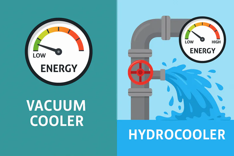 A maintenance worker easily performing a quick check on a vacuum cooler, contrasting with an image of a complex water filtration and chemical treatment system for a hydrocooler.