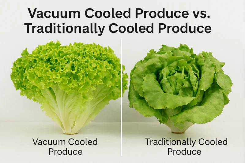 A side-by-side comparison image showing vibrant, fresh lettuce from a vacuum cooler next to slightly wilted lettuce from a traditional cold room.