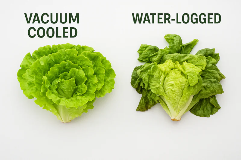 A vibrant, fresh head of lettuce cooled by a vacuum process next to a wilted, water-logged one, visually representing the difference in product quality.