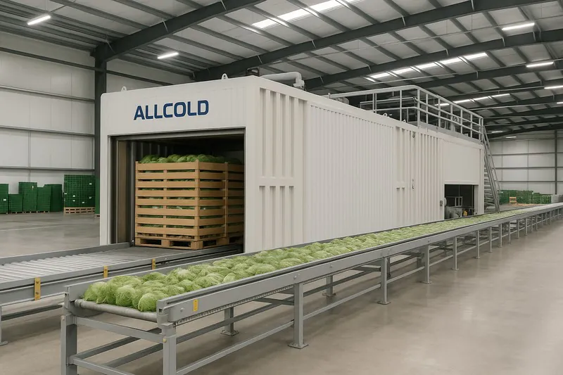 A massive 10-pallet, two-chamber ALLCOLD vacuum cooler with conveyor belts, fully integrated into a large-scale lettuce packing facility.