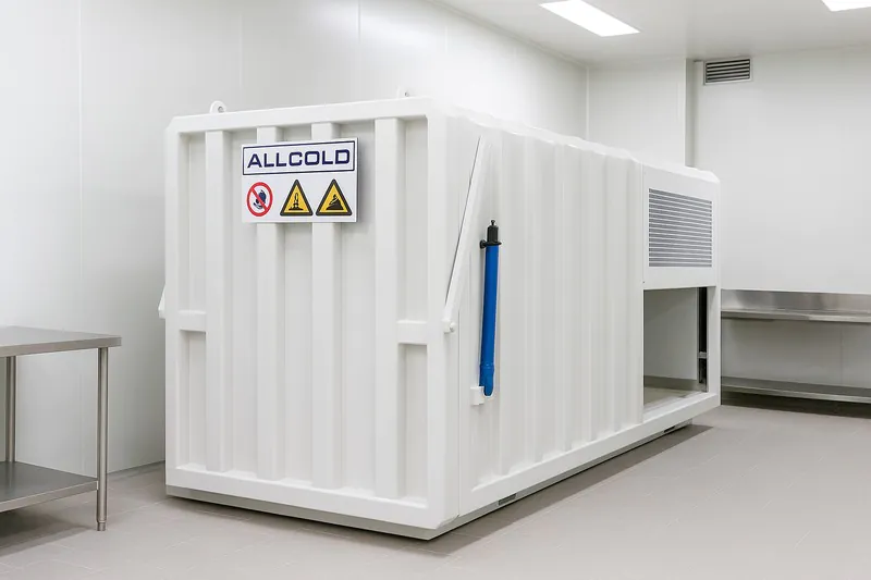 A compact, clean, 1-pallet ALLCOLD vacuum cooler operating in a pristine central kitchen environment.