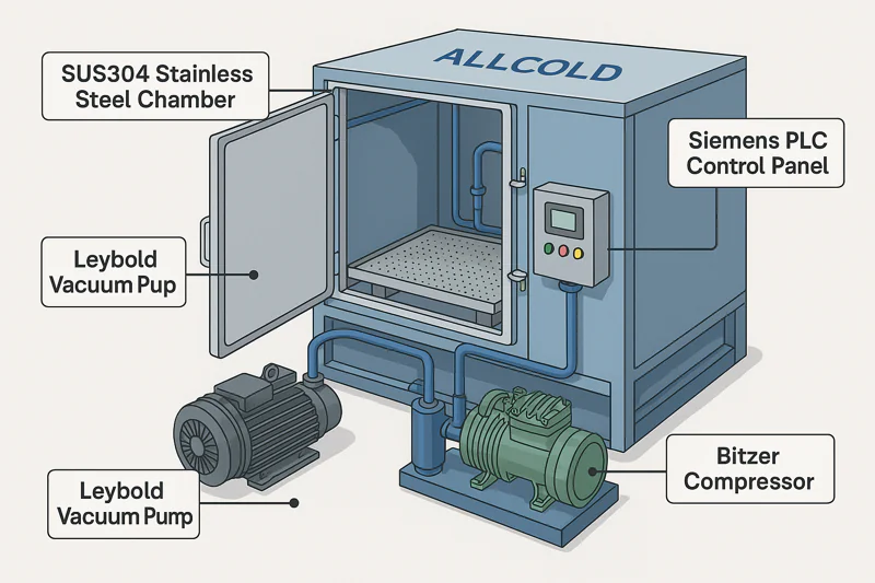 A cutaway graphic of an ALLCOLD vacuum cooler with labels pointing to the four key areas: the Leybold Vacuum Pump, the Bitzer Compressor, the Siemens PLC Control Panel, and the SUS304 Stainless Steel Chamber.