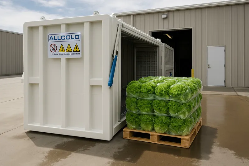 A perfectly cooled pallet of vibrant green lettuce being removed from an ALLCOLD vacuum cooler, ready for shipment.