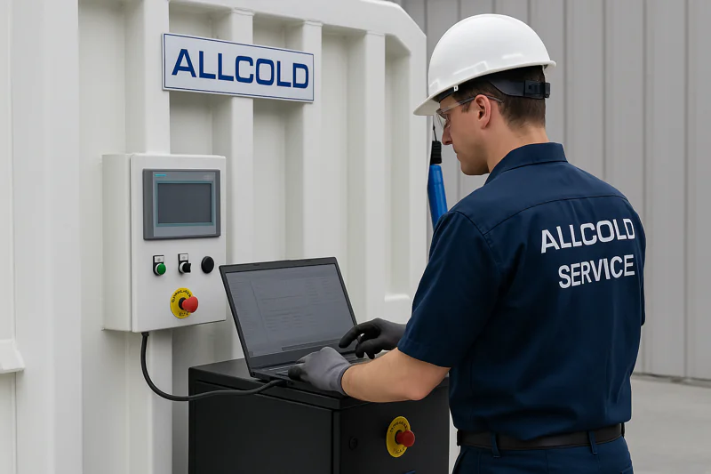 A professional ALLCOLD service engineer connects a laptop to the vacuum cooler's control panel to run system diagnostics and calibrate sensors.