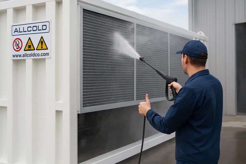 A worker using a pressure washer at a safe distance to clean the condenser fins on the exterior of a vacuum cooler.