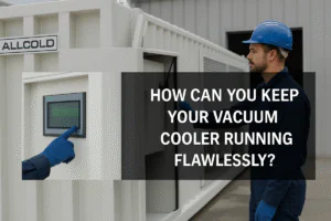 ALLCOLD vacuum cooler with service technician checking Siemens control panel to ensure flawless operation, system diagnostics, and reliable performance in industrial setting.