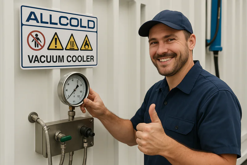A technician smiling while checking a gauge on a clean, well-maintained ALLCOLD vacuum cooler, giving a thumbs-up.