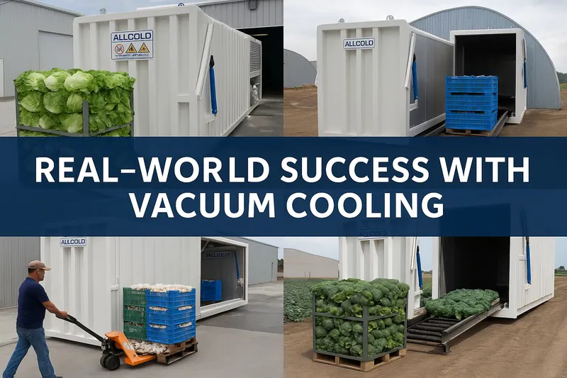 A collage of images showing different vegetables (lettuce, mushrooms, broccoli) being successfully loaded into ALLCOLD vacuum coolers at different farm locations.