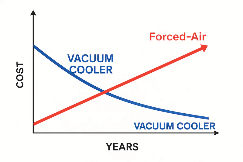 A simple chart showing two lines over a 3-year period. The 'Forced-Air' line starts lower (cost) but rises slowly. The 'Vacuum Cooler' line starts higher but quickly crosses below the other line due to savings, showing a faster path to profitability.