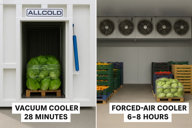 A split-screen image. On the left, a modern ALLCOLD vacuum cooler with a pallet of lettuce inside. On the right, a large cold room with fans blowing air over pallets of mixed produce.