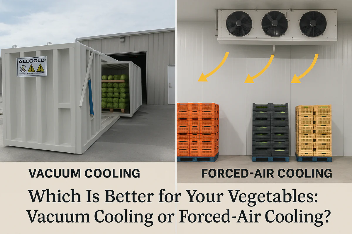 Side-by-side comparison of vacuum cooling and forced-air cooling for vegetables. The left side shows an ALLCOLD vacuum cooler operating with lettuce inside, while the right side shows a large cold room using fans for forced-air cooling. The image highlights faster cooling, better freshness, and higher efficiency with vacuum cooling.