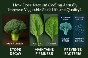 Educational infographic showing how vacuum cooling improves vegetable shelf life and quality. The image illustrates a vacuum cooling chamber removing heat and moisture from fresh produce, preventing decay, preserving firmness, and maintaining freshness compared to conventional cooling.