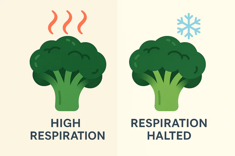 An animated-style graphic showing two broccoli heads. One is warm with arrows coming out, labeled 