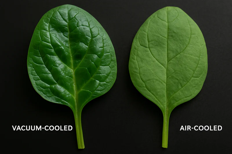 A high-definition close-up shot comparing the textures of two spinach leaves. The vacuum-cooled leaf is firm and glossy. The air-cooled leaf is slightly limp and matte.