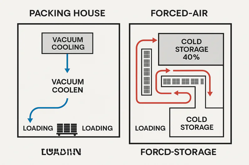 An aerial schematic of two packing house layouts. The 