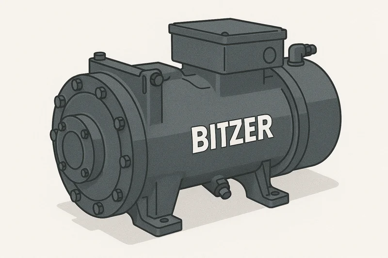 A clean, clear photo of a Bitzer semi-hermetic screw compressor, highlighting its solid build quality and the recognizable brand logo.