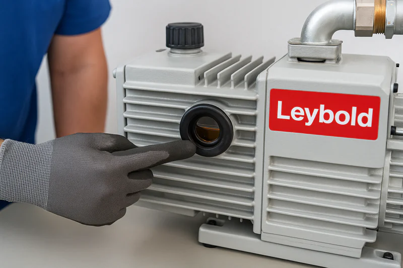 A technician wearing gloves points to the oil sight glass on a Leybold vacuum pump, showing a clear, amber-colored oil at the correct level.
