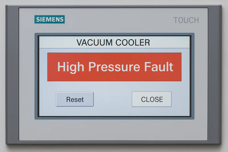 A close-up of a Siemens HMI screen on a vacuum cooler showing a 'High Pressure Fault' alert message in red.