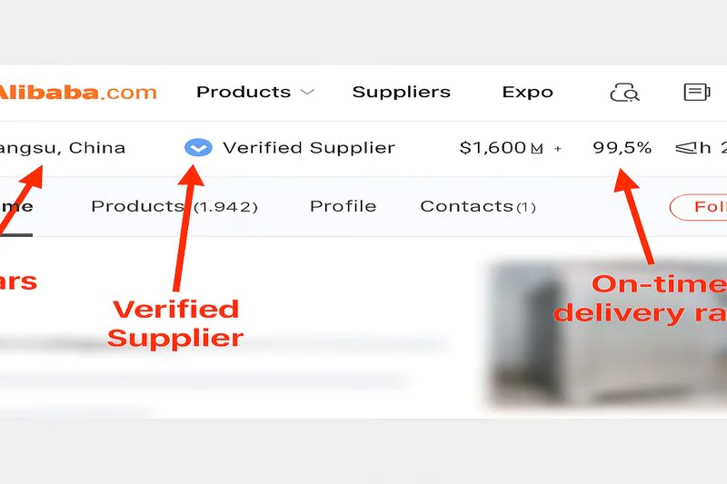 A screenshot of an Alibaba supplier page. Arrows point to crucial verification signals: '10+ Years,' the 'Verified Supplier' badge, and a high 'On-time delivery rate.'