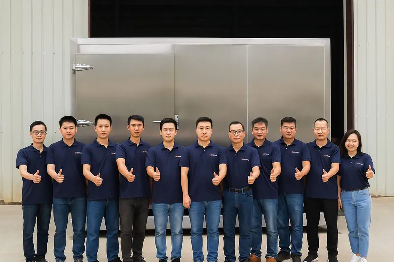 A photograph of the ALLCOLD factory team standing proudly in front of a newly completed stainless steel vacuum cooler.