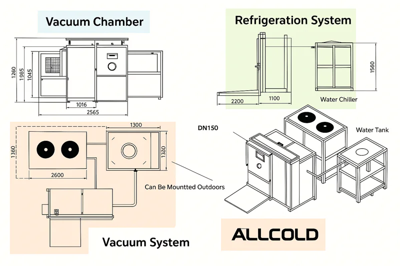 A detailed engineering diagram or CAD drawing of an ALLCOLD vacuum cooler, showing the four main systems and how they connect. Labels point to the Vacuum Chamber, Vacuum System, Refrigeration System, and Control System.