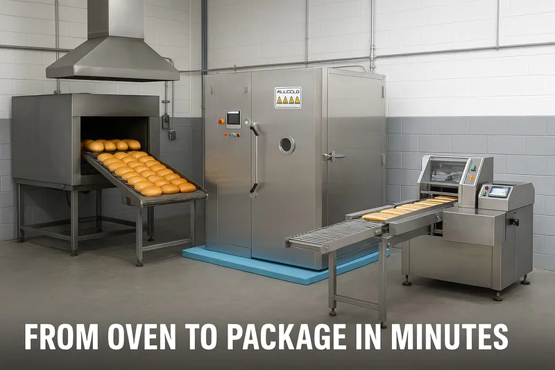 An industrial bakery setting with a vacuum cooler next to the oven. Bread goes from the oven, into the cooler, and directly to a slicing/packaging machine.