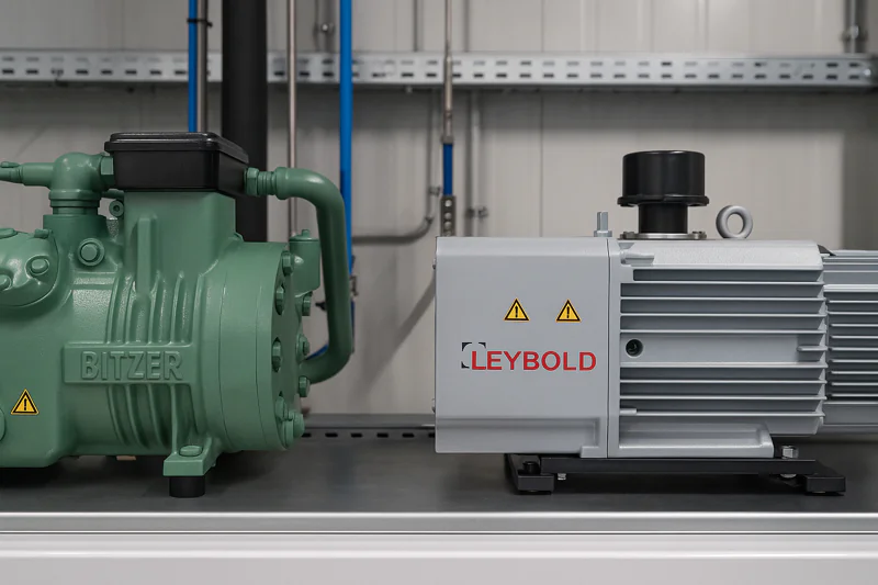 A shot of the machine room of a high-end vacuum cooler, clearly showing the brand names 