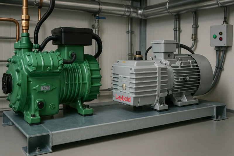A close-up shot of a high-quality Bitzer compressor and a Leybold vacuum pump installed inside a clean and well-organized vacuum cooler machine room.