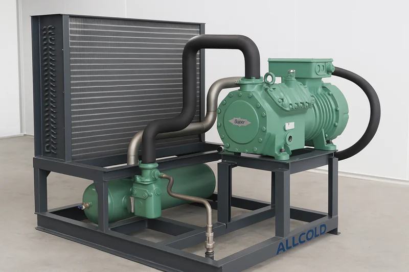 A view of the ALLCOLD refrigeration skid, showing the powerful Bitzer compressor connected to a large evaporator coil with a huge surface area.