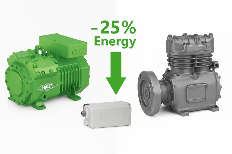 A side-by-side technical drawing or photo. On the left, a sleek, modern Bitzer compressor. On the right, a generic-looking piston compressor. The Bitzer side has a green arrow pointing down labeled