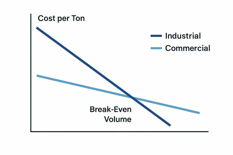 A simple line graph showing two lines. One line (Industrial) starts high and then has a steep downward slope, labeled 'Cost per Ton'. The other line (Commercial) starts lower but has a much flatter slope. The lines cross at a certain a point labeled 'Break-Even Volume'.
