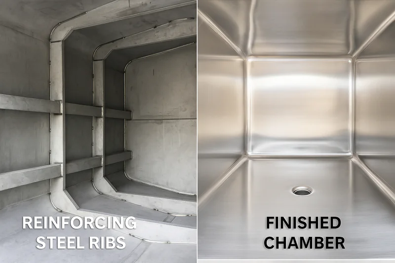A photo collage showing two images: one of the thick, reinforcing steel ribs inside an unfinished chamber, and one of a finished chamber's interior, gleaming and smooth after polishing.
