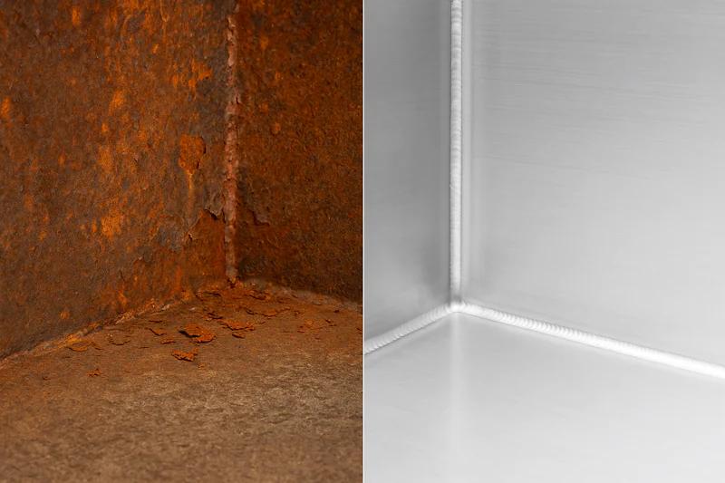 A close-up split image: one side shows rust and flaking paint inside a low-quality chamber, the other shows the clean, smooth interior of a 304 stainless steel chamber.