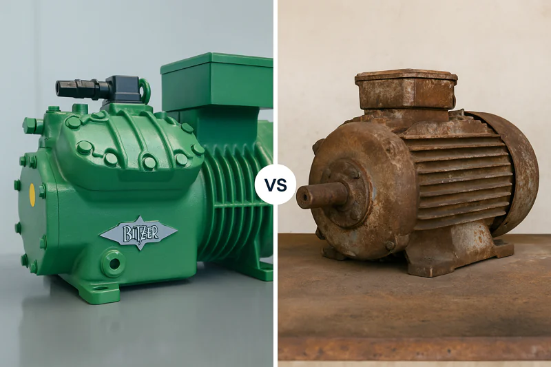 A split image: on one side, a clean, new, branded compressor; on the other, an old, rusty, generic-looking motor.
