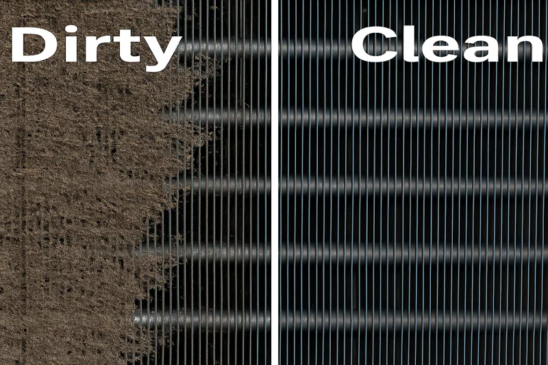 Side-by-side comparison: one half shows a dirty, clogged condenser fin, the other half shows a perfectly clean one.