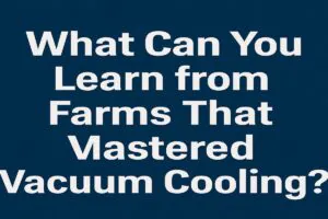 A bold, modern banner with the text ‘What Can You Learn from Farms That Mastered Vacuum Cooling?’ in white capital letters on a deep blue background. The design emphasizes innovation and best practices in post-harvest vacuum cooling for vegetables, ideal for marketing and educational use