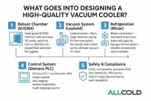 Infographic illustrating the five key elements of designing a high-quality ALLCOLD vacuum cooler, including SUS304 stainless steel chamber, Leybold vacuum system, Bitzer refrigeration system, Siemens PLC control system, and piping layout. Clear icons and arrows show how each system connects in an efficient, industrial design