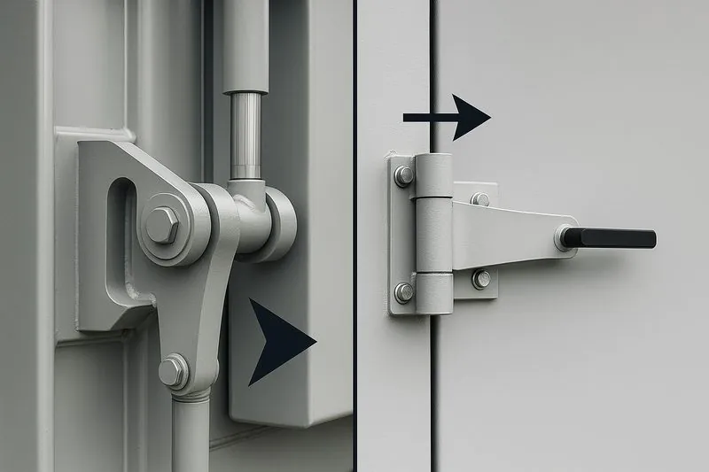 A close-up of a massive, heavy-duty hydraulic door hinge on an industrial vacuum cooler, contrasted with a simpler manual hinge.