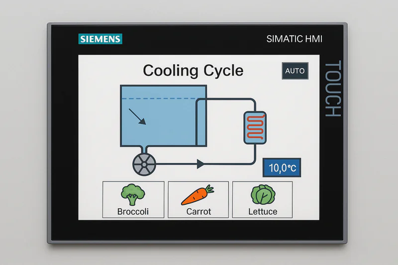 A clear, bright photo of a modern touch-screen HMI (Human-Machine Interface) showing a graphical display of the cooling cycle, with options for different vegetables.
