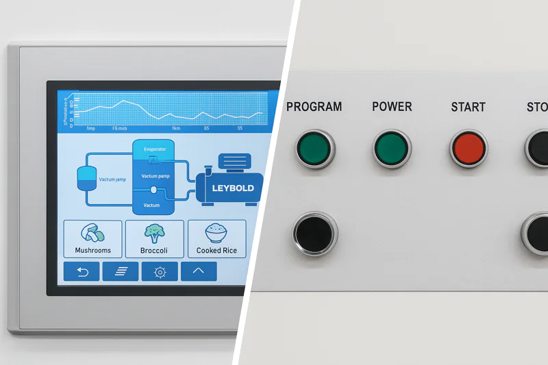 A clear, bright photo of a modern touch-screen HMI, showing graphical data and options for different produce like 'Mushrooms', 'Broccoli', and 'Cooked Rice'.