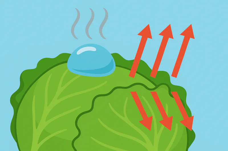 An illustration showing a close-up of a lettuce leaf. A water droplet on the surface is shown turning into vapor (steam), with red