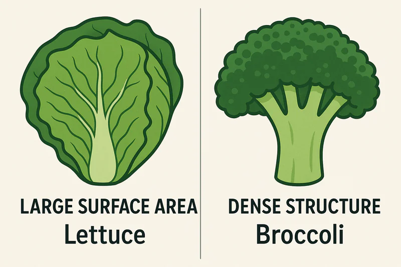 An illustration showing a cross-section of a lettuce leaf (large surface area) next to a cross-section of a broccoli floret (dense structure).