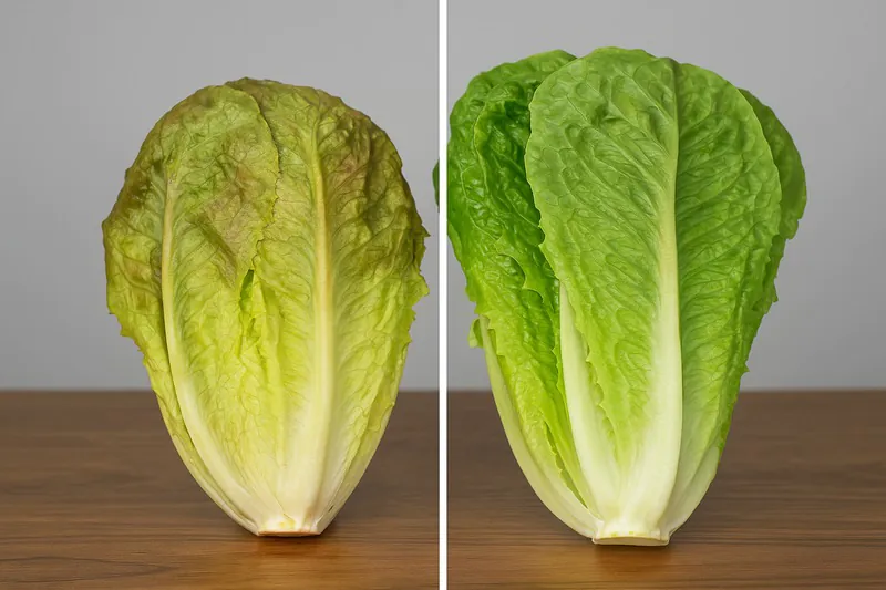 A side-by-side comparison: on the left, wilted, browning lettuce from a cold room; on the right, crisp, green lettuce from a vacuum cooler.