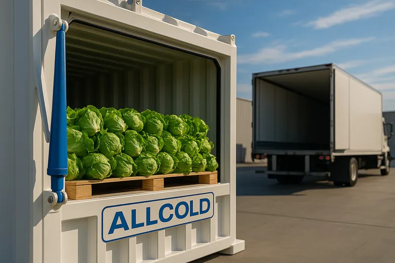 A beautiful shot of a pallet of freshly harvested lettuce being loaded into a modern ALLCOLD vacuum cooler, with a refrigerated truck visible in the background.